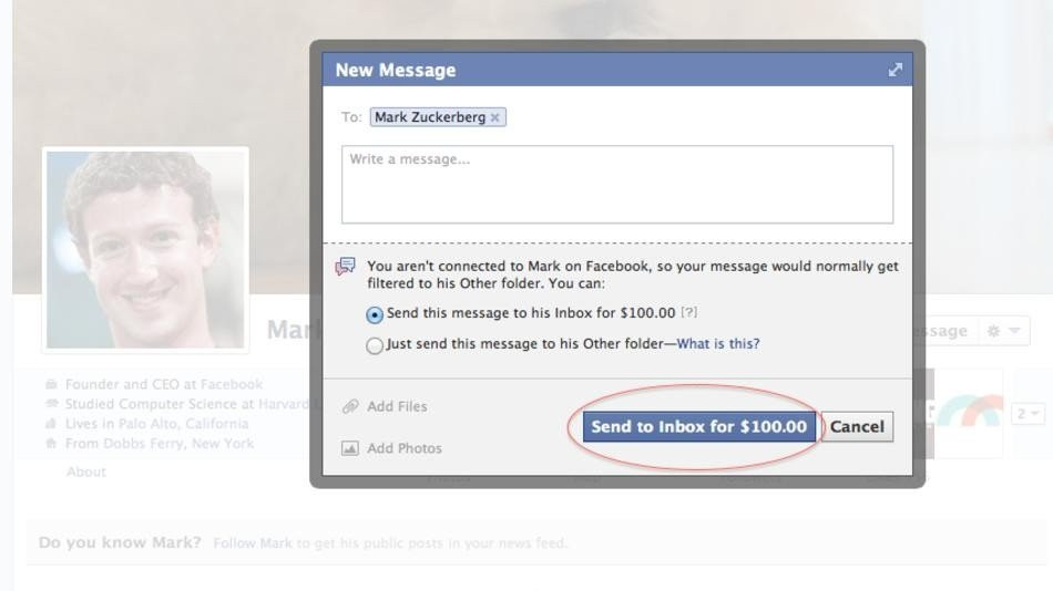 Το Facebook χρεώνει $100 για να στείλεις μήνυμα στον Mark Zuckerberg! image