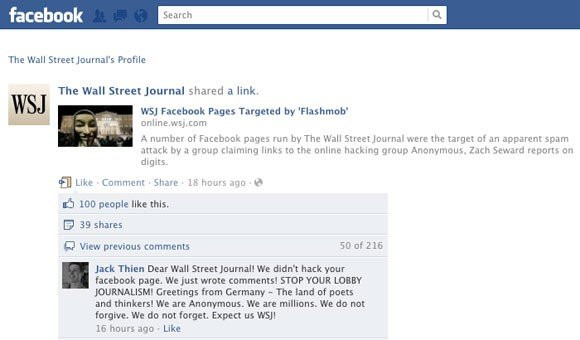 Οι Anonymous "πλημμυρίζουν" τη Facebook Page της WSJ με συνεχή σχόλια image